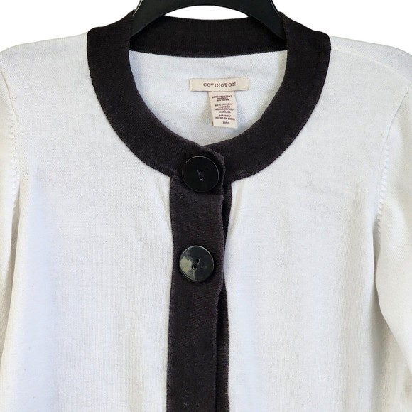 COVINGTON Women's 3/4 Sleeve 2 Button Front Cardigan Sweater Size M White Black - Picture 3 of 6